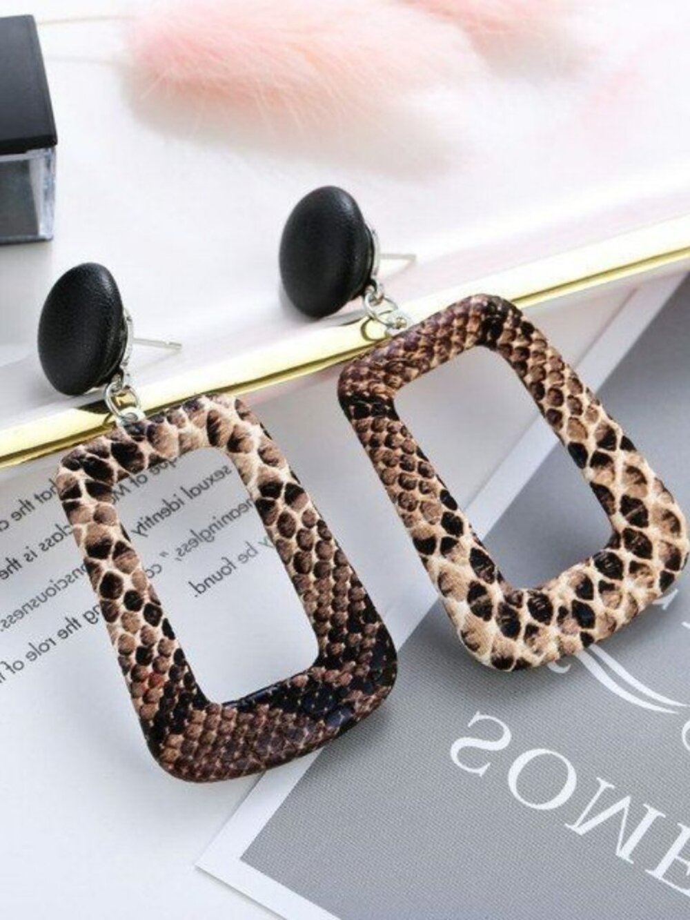 Briella Style Snake Skin Open Square Dangle Earrings Brown Black Gift Packaged